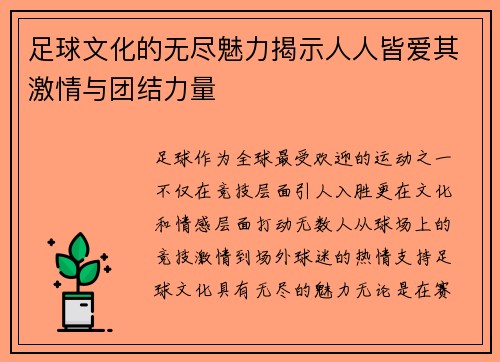 足球文化的无尽魅力揭示人人皆爱其激情与团结力量